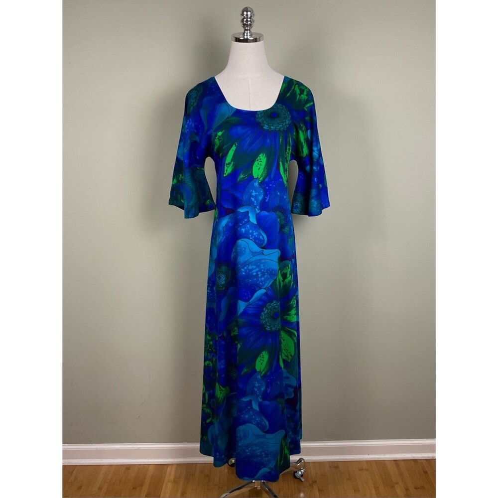 Vintage Hawaiian Maxi Dress Tiki Sz S 70s Two Potato Laguna Beach Blue Floral
